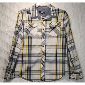 EightyEight shirt mens Plaid Button Down Long Sleeve yellow blue pearl snap L